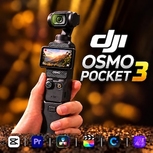 May include: A black DJI Osmo Pocket 3 handheld camera featuring a rotating gimbal lens, a rectangular touchscreen display showing a landscape, and a control dial. The text DJI OSMO POCKET 3 is visible, along with six software icons at the bottom.