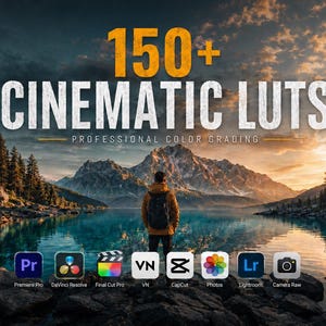 Könnte beinhalten: Eine digitale Grafik mit dem Text 150+ CINEMATIC LUTS PROFESSIONAL COLOR GRADING über einer Landschaft mit einer Person vor einem See und Bergen. Darunter befinden sich Symbole für Premiere Pro, DaVinci Resolve, Final Cut Pro, VN, CapCut, Photos, Lightroom und Camera Raw.