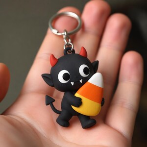 Miniature Imp Keychain Holding Oversized Candy Corn Hand Painted 3D Printed Halloween Creature Charm Spooky Bag Accessory