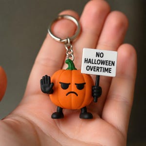 Grumpy Pumpkin Refusing Overtime Keychain - Hand-Painted 3D Printed Autumn Charm, Single Spooky Season Accessory