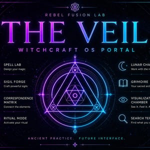 May include: A digital interface graphic titled REBEL FUSION LAB THE VEIL WITCHCRAFT OS PORTAL. The design features a central glowing purple and blue geometric triangle and circle motif, surrounded by eight labeled icons for various digital tools.