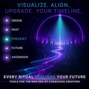 以下が含まれることがあります： VISUALIZE. ALIGN. UPGRADE. YOUR TIMELINE.というテキストと、ORIGIN、PAST、PRESENT、FUTURE、ASCENSIONという用語のリストが記載されたデジタルグラフィック。EVERY RITUAL REALIGNS YOUR FUTUREというテキストの下で、光り輝く道が明るい光へと続いています。
