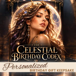 Könnte beinhalten: Ein rechteckiger Buchumschlag mit dem Titel The Celestial Birthday Codex, der das Porträt einer Person mit langem, welligem Haar zeigt, die eine goldene Krone mit blauen Edelsteinen und passende Ohrringe vor einem leuchtenden goldenen Mond trägt.