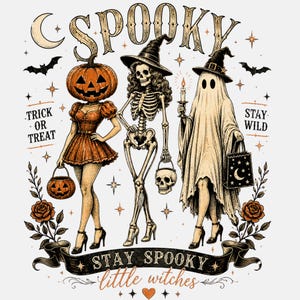 Halloween PNG Spooky Girl Squad, Retro Skeleton Ghost Pumpkin, Witchy Fall Shirt Design, Subliming Download para camisetas de Halloween