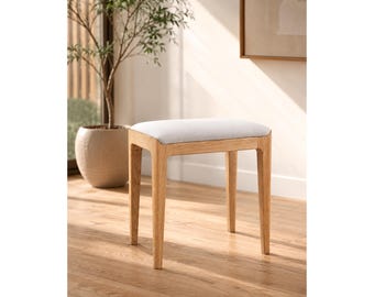 Solid Wood Vanity Stool, Mid-Century Swivel Makeup Chair, Upholstered Dressing Seat