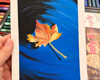 Cuadro original de hoja de arce – Arte otoñal en pastel al óleo, hoja de otoño sobre agua de lluvia, pequeña decoración de pared azul sin marco, pintado a mano.
