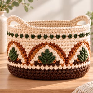 May include: A round, cream-colored crochet basket featuring integrated handles and a decorative pattern of dark brown, rust orange, and forest green yarn. The design includes stitched leaf motifs and geometric arches around the exterior.