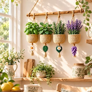 Crochet Herb Garden Pattern, 4-in-1 Basil Mint Rosemary Lavender Wall Hanging