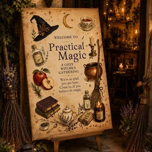 Praktisk magiinspirerad välkomstskylt Halloween-häxfestdekor Mysig häxsamling Vintage Halloween utskrivbar häxig välkomstskylt