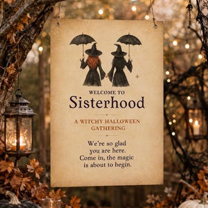 May include: A rectangular hanging sign with a parchment-colored background featuring two figures in black dresses and hats holding umbrellas. The text reads: WELCOME TO Sisterhood A WITCHY HALLOWEEN GATHERING We're so glad you are here. Come in, the magic is about to begin.