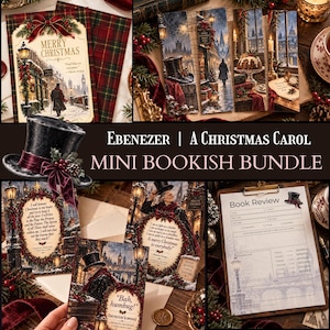 Pacote de Natal Ebenezer Christmas Carol para Amantes de Livros - Presente Imprimível de Natal Dickens, Marcadores de Livros Vitorianos, Cartões Postais e Pôsteres em PDF