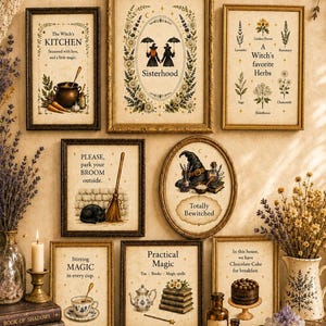 Peut inclure: Un ensemble de huit affiches murales encadrées intitulées Practical Magic, illustrant des sorcières, des herbes, un chat noir, un balai, du thé et des livres. Les impressions sont présentées dans des cadres dorés et sombres avec du texte.