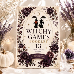 Puede incluir: Un folleto de color crema titulado Witchy Games con un borde floral morado oscuro. La portada muestra dos figuras con paraguas bajo una luna creciente, el texto 13 Enchanting Games y una cinta con Gather Your Coven Let The Magic Begin.