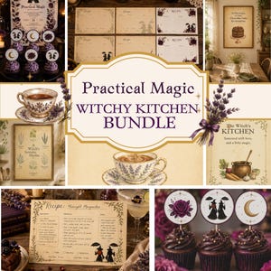 Puede incluir: Un conjunto de cocina de bruja Practical Magic que incluye tarjetas de recetas, arte mural y adornos para cupcakes. La colección presenta ilustraciones de hierbas, un caldero, un pastel de chocolate y siluetas de brujas con paraguas en tonos sepia.