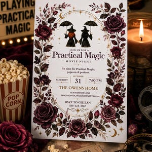 May include: A rectangular invitation card featuring a dark floral border of deep purple roses and vines. The center displays two figures holding umbrellas under a gold celestial frame with the text: Join us for a Practical Magic movie night.