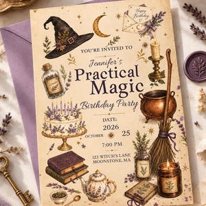 Op de afbeelding: Een crèmekleurige verjaardagsuitnodiging met illustraties van een heksenhoed, een maansikkel, een ketel, een bezem, een taart, boeken, kaarsen en potten. De tekst luidt: You're invited to Jennifer's Practical Magic Birthday Party.
