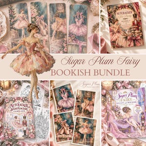Könnte beinhalten: Ein Sugar Plum Fairy Buch-Set mit Malbüchern, Postkarten und Lesezeichen mit Ballett-Illustrationen. Die Artikel zeigen rosa Tutus, Ballettschuhe, Nussknacker und festliche Weihnachtsdekorationen in einem weichen, malerischen Stil.