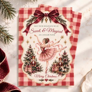 Julkort med sockerplommonfe, nötknäppare, vinröd gingham-julhälsningskort, vintage ballerina, julkort, Canva-mall