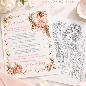 May include: A printed letter and a black and white coloring page featuring a fairy illustration. The letter is titled Last Tooth Fairy Letter and includes text about a tooth, decorated with pink flowers, gold stars, and a small treasure box.
