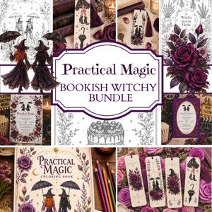 May include: A Practical Magic bookish witchy bundle featuring a collection of printed paper goods including bookmarks, a coloring book, and decorative cards. The designs showcase illustrations of witches, umbrellas, roses, and cakes in purple and black.