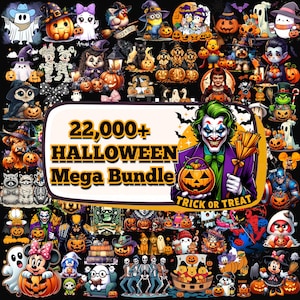 May include: A digital collection of 22,000+ Halloween graphics featuring a central illustration of the Joker holding a jack-o'-lantern, surrounded by various cartoon characters, ghosts, skeletons, and pumpkins on a black background.