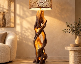 Wooden Floor Lamp Twisted Vine Driftwood Standing Light Sculptural leaf Shade Rustic Boho Decor