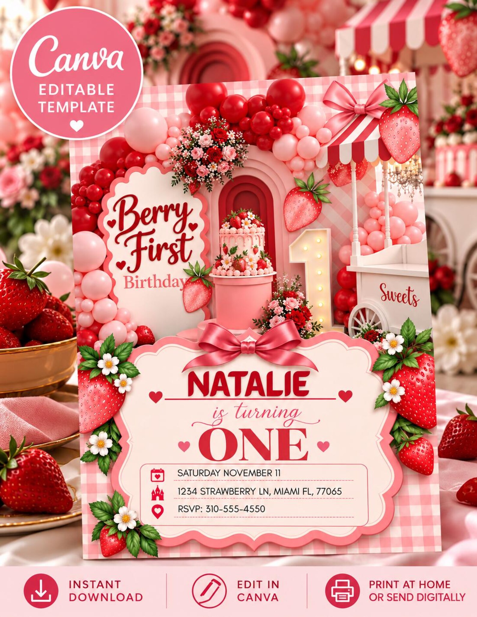 Berry First Birthday Invitation Template, Strawberry 1st Birthday ...