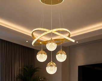 Moderner goldener LED-Kristall-Kronleuchter, Pendelleuchte in Form eines verschlungenen Rings