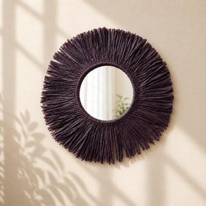 Espejo de pared de rafia morada, espejo bohemio artesanal con forma de sol, espejo de fibra tejida, decoración de pared Japandi