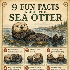 Könnte beinhalten: Ein lehrreiches Poster im Vintage-Stil mit dem Titel 9 Fun Facts About The Sea Otter. Es zeigt eine große Illustration eines Seeotters, der im Wasser treibt, gefolgt von neun nummerierten Feldern mit detaillierten Zeichnungen und erklärendem Text.