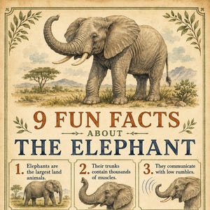 Könnte beinhalten: Ein lehrreiches Poster im Vintage-Stil mit dem Titel 9 Fun Facts About The Elephant, das eine große zentrale Illustration eines Elefanten und neun nummerierte Felder mit detaillierten Zeichnungen und Texten zu biologischen Fakten zeigt.