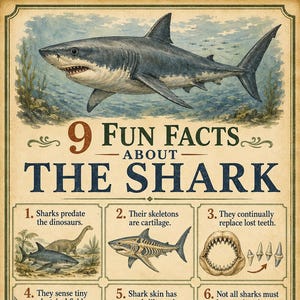 Könnte beinhalten: Ein lehrreiches Poster im Vintage-Stil mit dem Titel 9 Fun Facts About The Shark, das oben eine große Haifisch-Illustration und darunter neun nummerierte Felder zeigt. Jedes Feld enthält eine detaillierte Zeichnung und erklärende Texte.