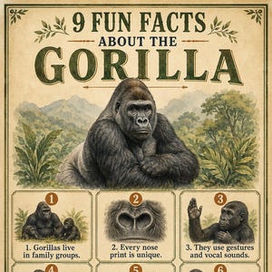 Op de afbeelding: Een educatieve poster in vintage-stijl getiteld 9 Fun Facts About The Gorilla, met een grote centrale illustratie van een gorilla en negen genummerde panelen met gedetailleerde tekeningen en tekst over het gedrag en de biologie van gorilla's.