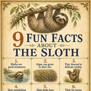 Op de afbeelding: Een educatieve poster in vintage-stijl getiteld 9 Fun Facts About The Sloth, met een centrale illustratie van een luiaard die aan een tak hangt. Het raster eronder toont negen genummerde secties met tekst en gedetailleerde tekeningen.