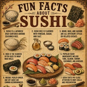 May include: A vintage-style poster titled Fun Facts About Sushi featuring ten numbered sections with illustrations of sushi rolls, nigiri, sashimi, ingredients like tuna and salmon, a chef's knife, and bowls of soy sauce, wasabi, and ginger.