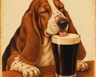 May include: A brown, white, and black Basset Hound with long ears and closed eyes licking the creamy foam off the top of a tall glass of dark stout beer. The dog rests its front paws on a wooden surface while enjoying the beverage.