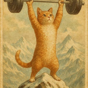 Könnte beinhalten: Eine Illustration im Aquarellstil zeigt eine orangefarbene getigerte Katze, die auf einem Berggipfel steht und eine schwere Metallhantel mit schwarzen Gewichtsscheiben über ihrem Kopf vor schneebedeckten Bergen in die Höhe stemmt.