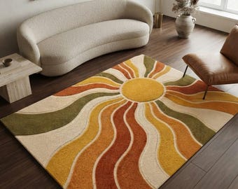 Mid Century Modern Sunburst Wool Rug Hand Tufted Retro Wavy Terracotta Gold Olive Area Rug Living Room Bedroom Custom Size Available