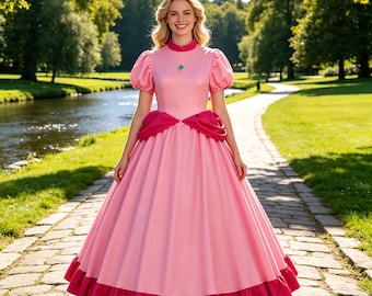 Princess Peach Pink Dress with Crown Cosplay Costume for Women Halloween Party