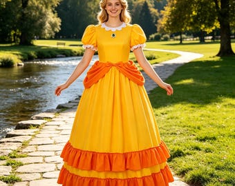 Princess Daisy Yellow Dress with Crown Cosplay Costume for Women's Halloween Outfit