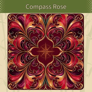 May include: A square graphic print titled Compass Rose featuring a central star symbol surrounded by symmetrical, swirling acanthus leaf patterns in deep shades of burgundy, crimson, and metallic gold against a dark maroon background.