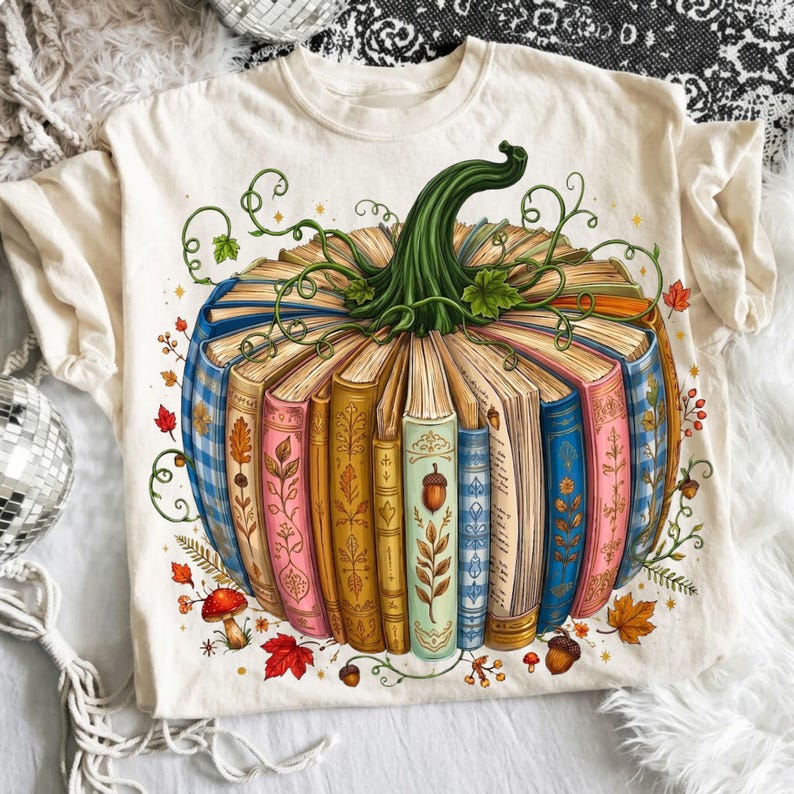 May include: A cream-colored t-shirt featuring a large graphic of a pumpkin constructed from a circular arrangement of upright books. The pumpkin has a green stem and vines, surrounded by small illustrations of autumn leaves, acorns, and mushrooms.