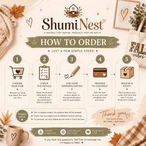May include: An instructional graphic for ShumiNest titled HOW TO ORDER, featuring five numbered steps with icons for choosing an item, checking details, adding personalization, checking out, and receiving the order, plus notes on digital files.