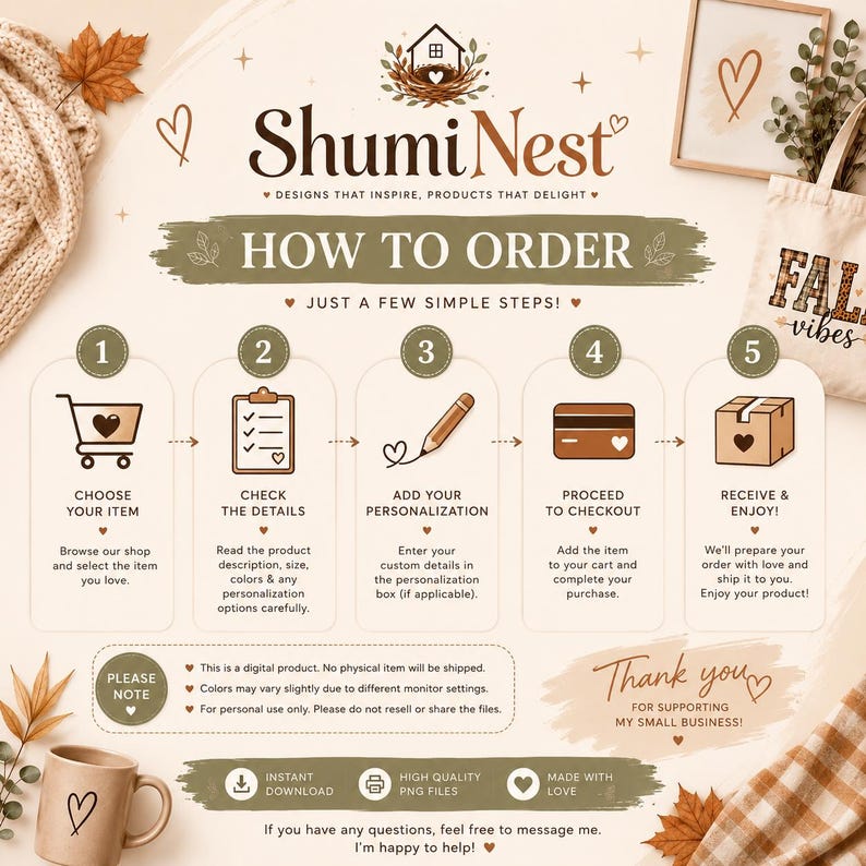 May include: An instructional graphic for ShumiNest titled HOW TO ORDER, featuring five numbered steps with icons for choosing an item, checking details, adding personalization, checking out, and receiving the order, plus notes on digital files.