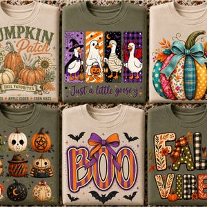 May include: Six crewneck sweatshirts featuring autumn and Halloween designs. The prints include pumpkins, geese in costumes, a decorated pumpkin, horror-themed pumpkins, the word BOO with a purple bow, and the text FALL VIBES with autumn foliage.