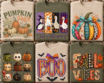 May include: Six crewneck sweatshirts featuring autumn and Halloween designs. The prints include pumpkins, geese in costumes, a decorated pumpkin, horror-themed pumpkins, the word BOO with a purple bow, and the text FALL VIBES with autumn foliage.