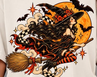 vintage halloween witch png, flying witch broom png, retro halloween sublimation, orange moon witch shirt design, spooky witch png