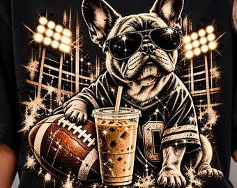Football Dog PNG, French Bulldog Football PNG, Game Day Dog PNG, Iced Coffee Football png, Vintage Sports Dog png