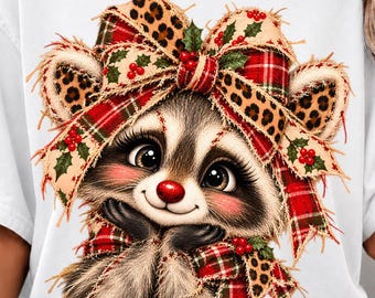 christmas raccoon png, cute raccoon christmas png, leopard print bow png, coquette christmas sublimation, whimsical holiday shirt design