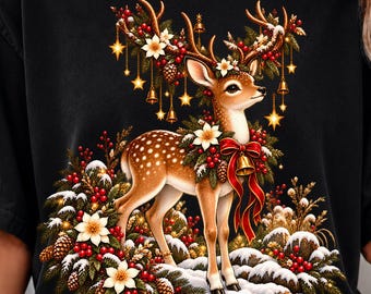 christmas reindeer png, floral deer sublimation, vintage christmas deer png, winter woodland animal design, festive holiday shirt png